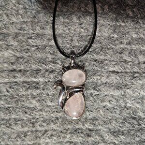 NWOT, rose quartz gemstone cat pendantsilver plate, black cord, artisan made